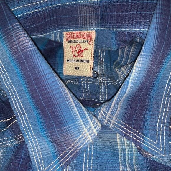 True Religion Top Womens XS Blue Plaid Pearl Snap Yoked Western Rodeo Riding - Picture 9 of 16